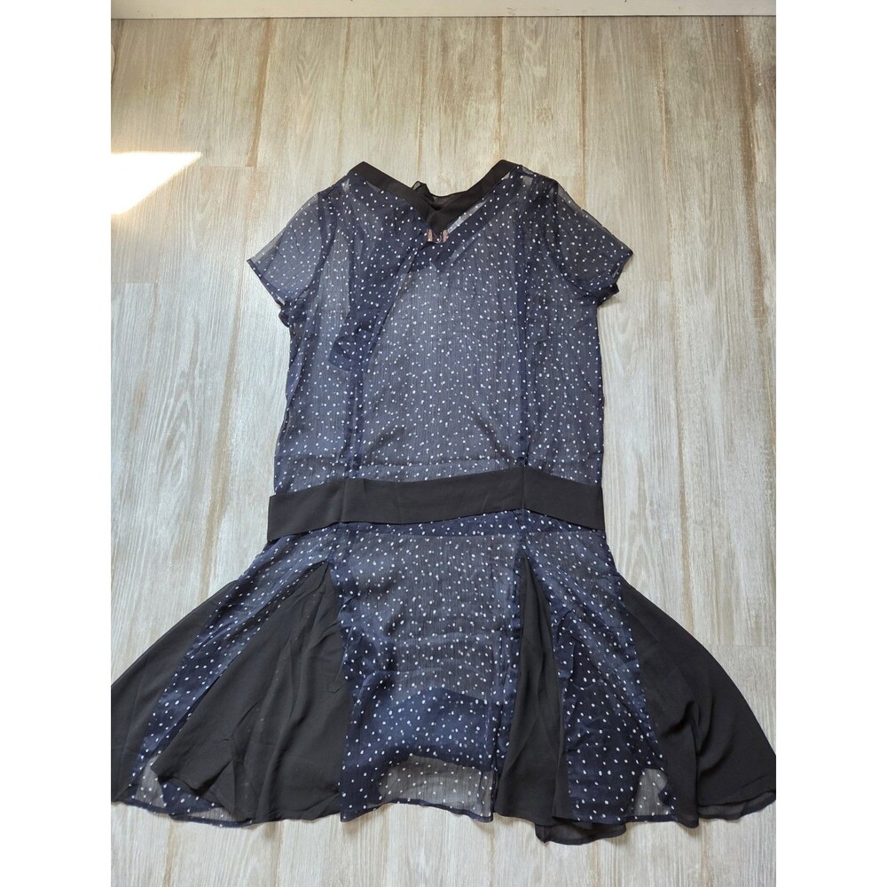 NWT Marycrafts Polka Dot Sheer Tie Neck Chiffon Fit Flare Dress Navy & Black L - Picture 9 of 9